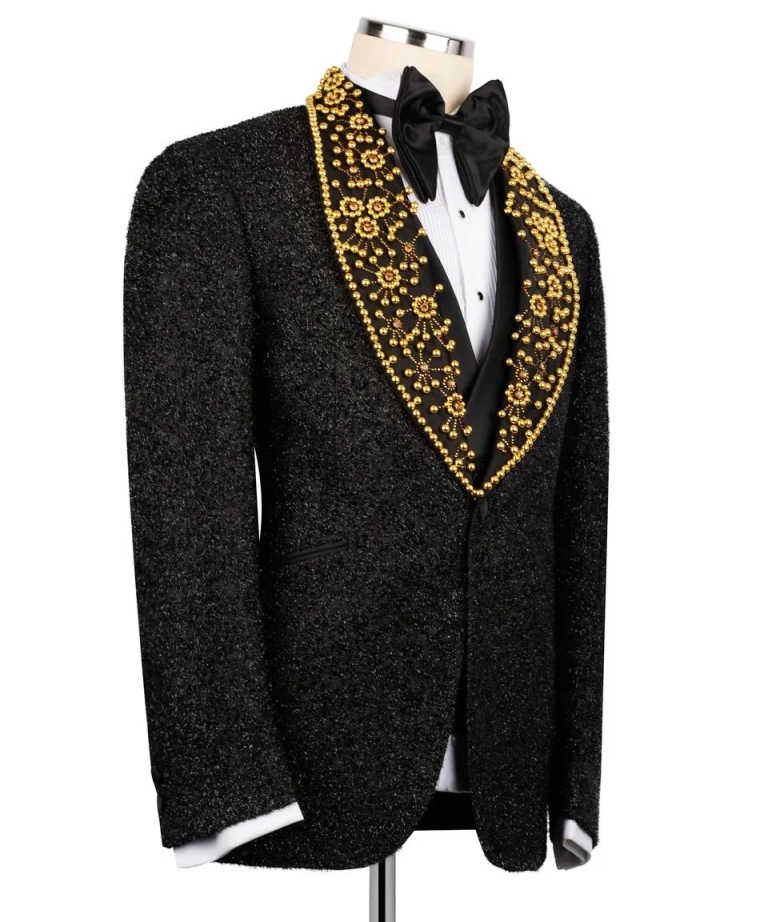 Gold Pearls Black Glitter Groom Wedding Tuxedo Tailored Made 3pcs Blazer Vest Pants Formal Male Prom Party Suit Business