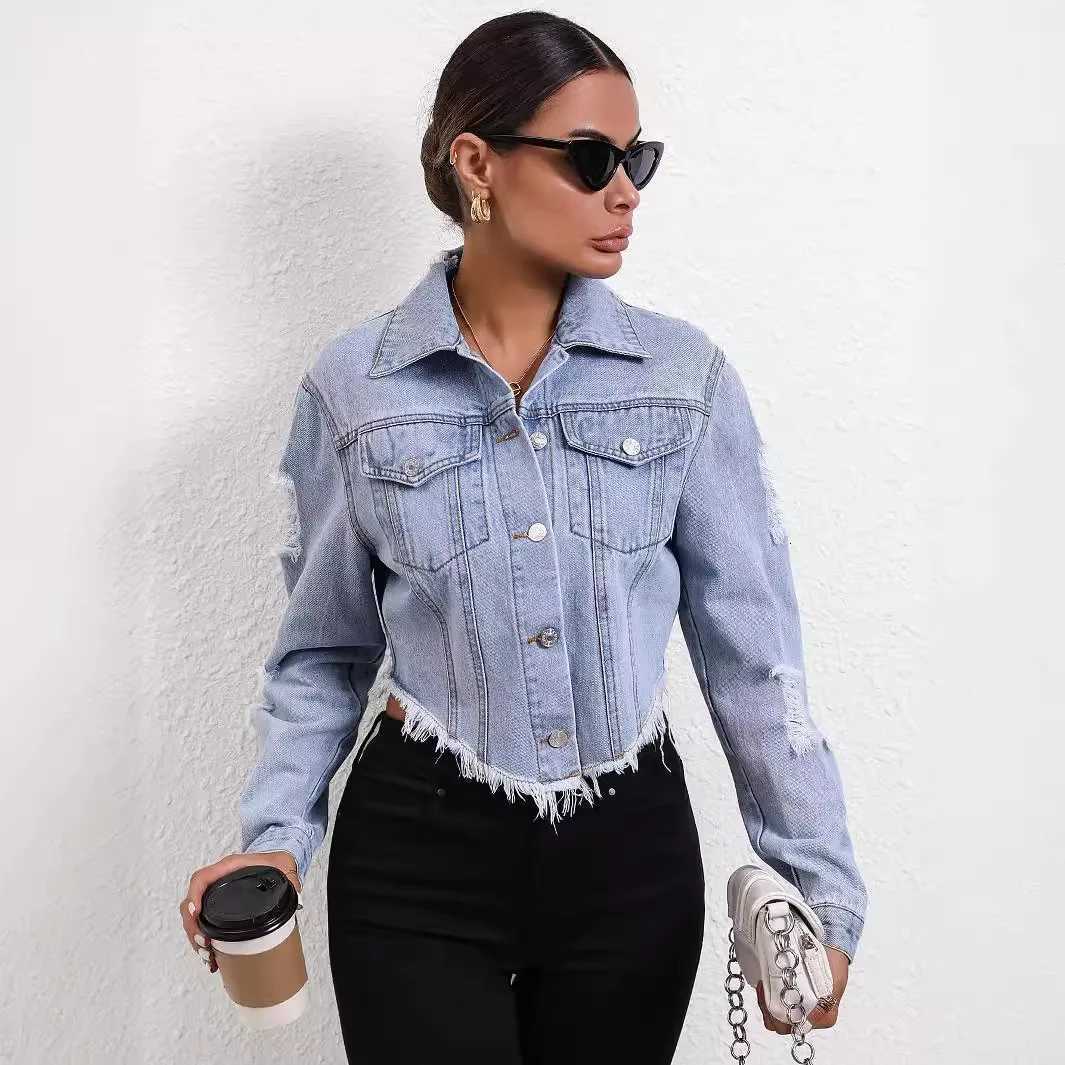 Ripped Distressed Women Denim Jackets Single Breasted Cardigan Coat Turn Down Collar Solid Streetwear Pockets Washed ButtonT260328