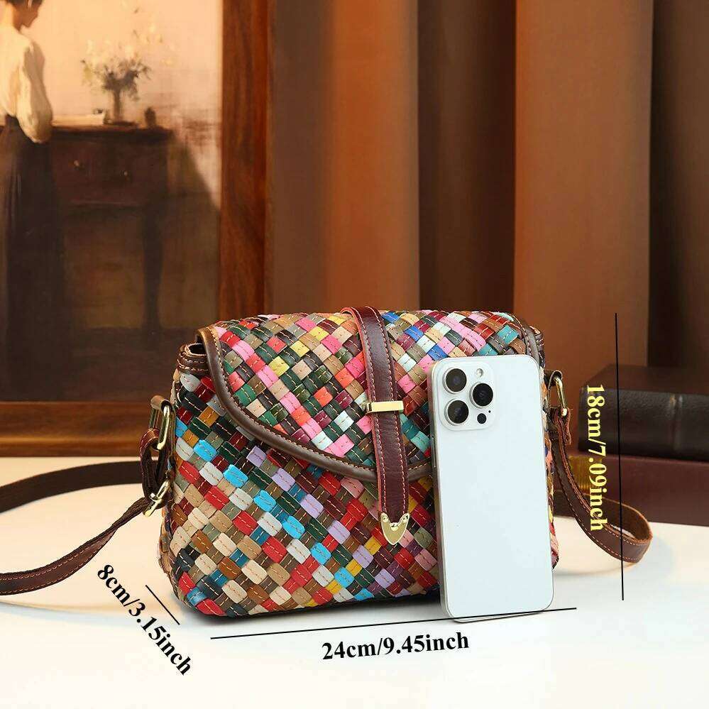 Crossbody Bohemian Rainbow Hand Woven Genuine Leather Women's Ethnic Style Contrasting Single Shoulder Bag