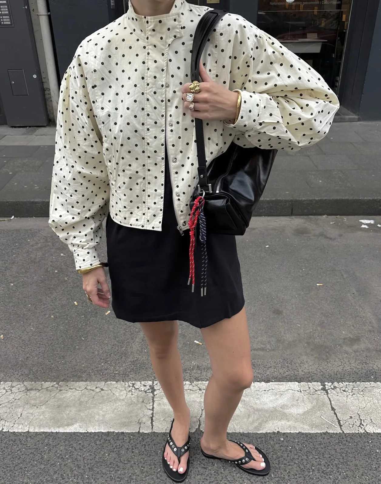 Polka Dot Print Stand Neck Short Jacket Coats Women Casual Long Sleeve Zip Jackets 2026 Spring New Elegant Ladies Outerwear TopsT260328
