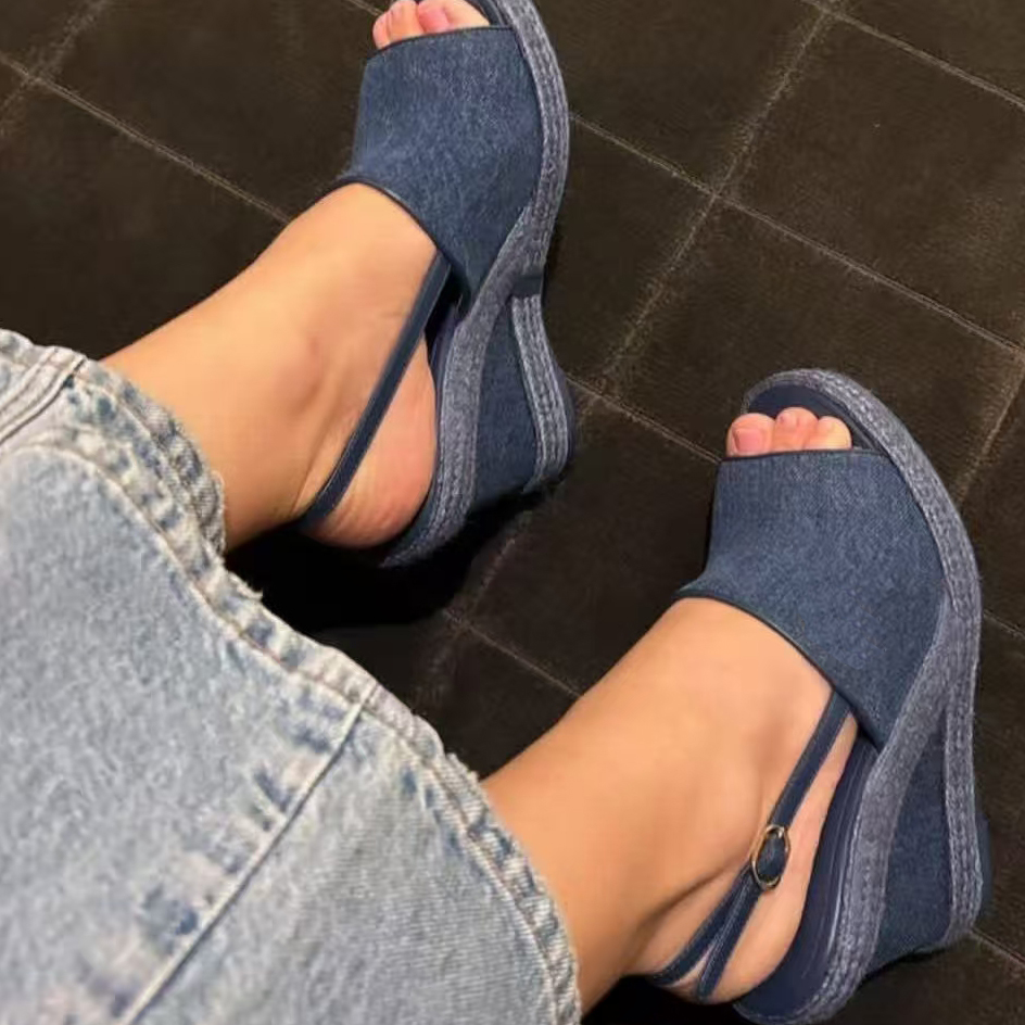 Wedge sandals Platform Heel Designers shoes for women Classics Button Leather Denim Back Strap factory shoe comfortable open toe high heeled sandal 35-41