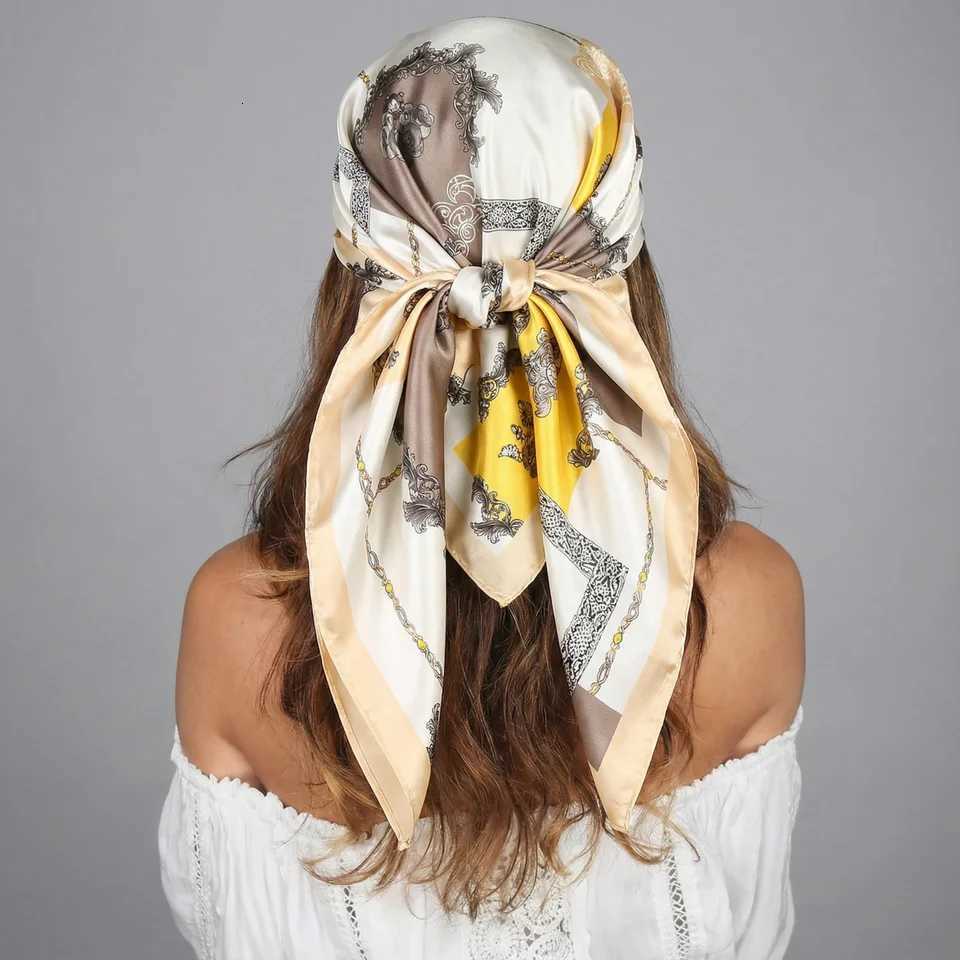 90cm Fahion Satin Silk Square Scarf Vintage Print Design Wen Muslim Hijab band Newest Hair Band Kerchief 9090cm X2603281