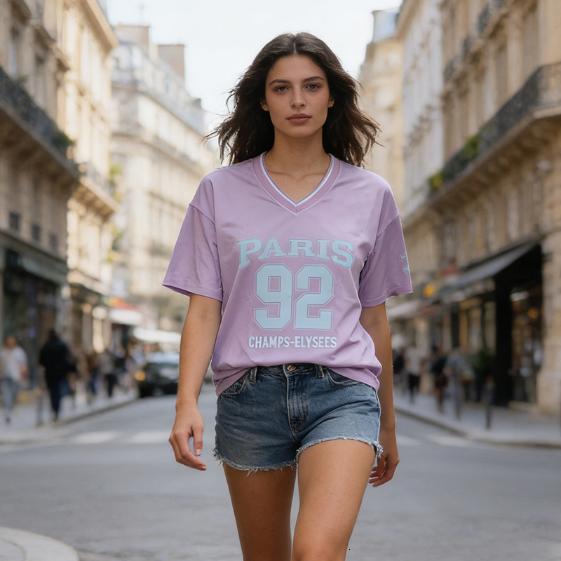 Kids Girls Pink V-Neck "PARIS 92" Print T-Shirt, Casual Short Sleeve Jersey Top