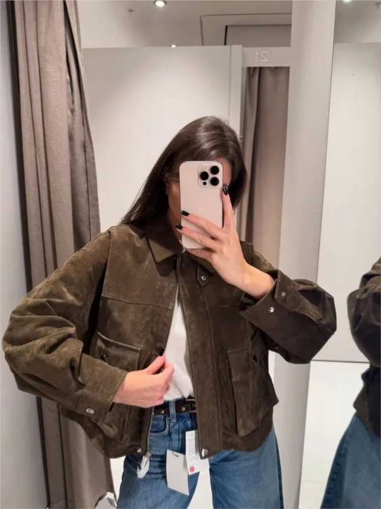 NERHEFZ Casual Womens Suede Bomber Jackets Loose Lapel Zipper Long Sleeve Pockets Female Coats 2025 Autumn Lady Commute OutwearT260328