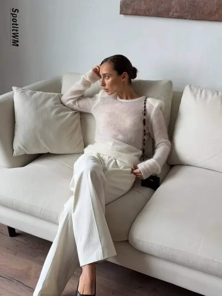 Women Solid See Through Knitted Pullover Sexy Round Neck Full Sleeve Slim Fit Thin Sweater Female High Street Knitwears 260325