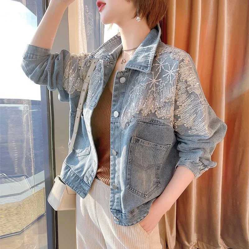 Short Crop Sequin 2025 Fashion Small With Rhinestones Diamonds Denim Jacket for Women Trend New Collection In Cowboy Coat WomanT260328