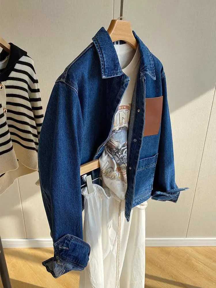 denim jacket women autumn winter solid color single breasted streetwear blue cotton jacket coatT260328