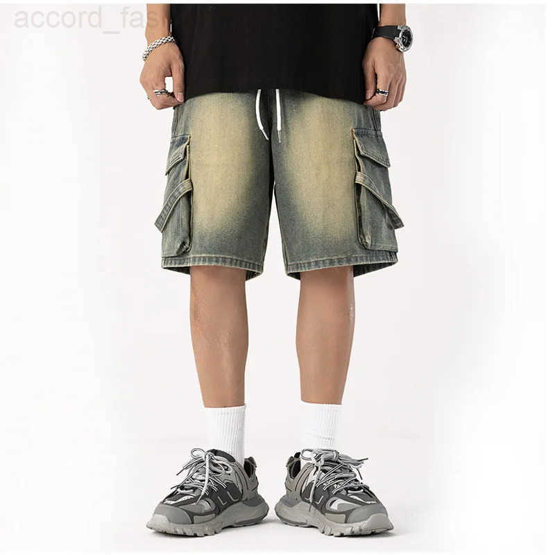 2025 New Cowboy shorts mens high-end personalized drawstring loose casual denim five quarter pants loose plus wide leg pants H260330