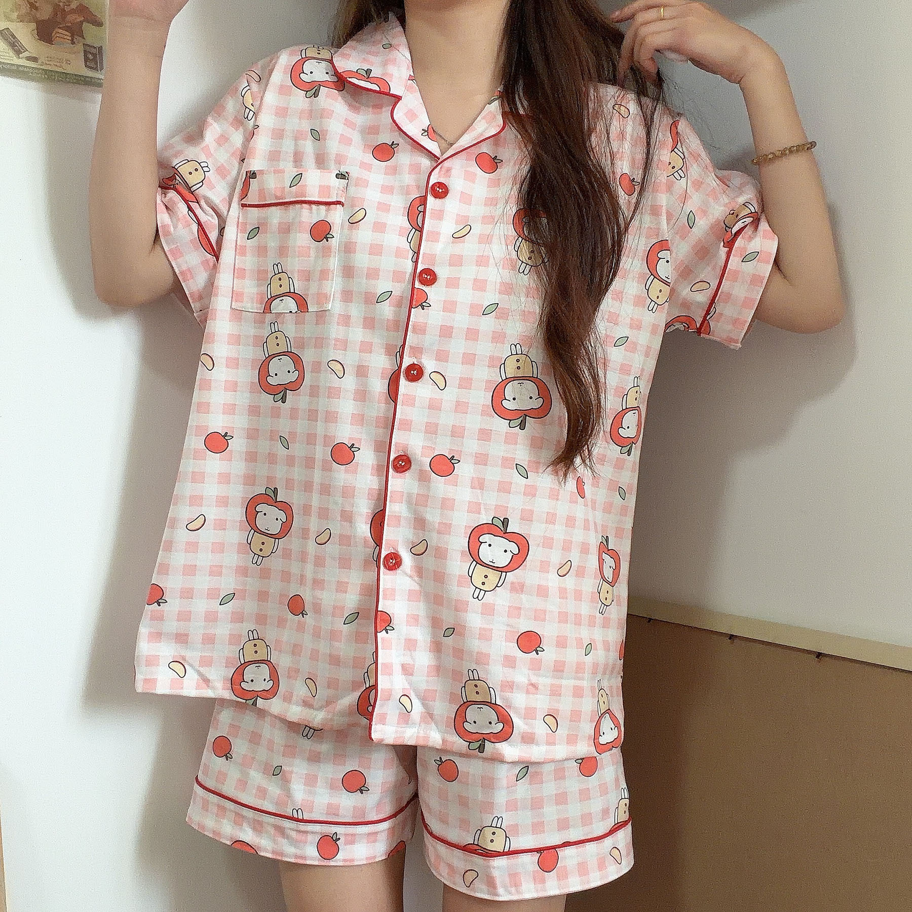 2026 plaid puppy sleepwear summer new short sleeved women's sleepwear cartoon cute cardigan Korean home clothes luxury sleepwear fashionable vers