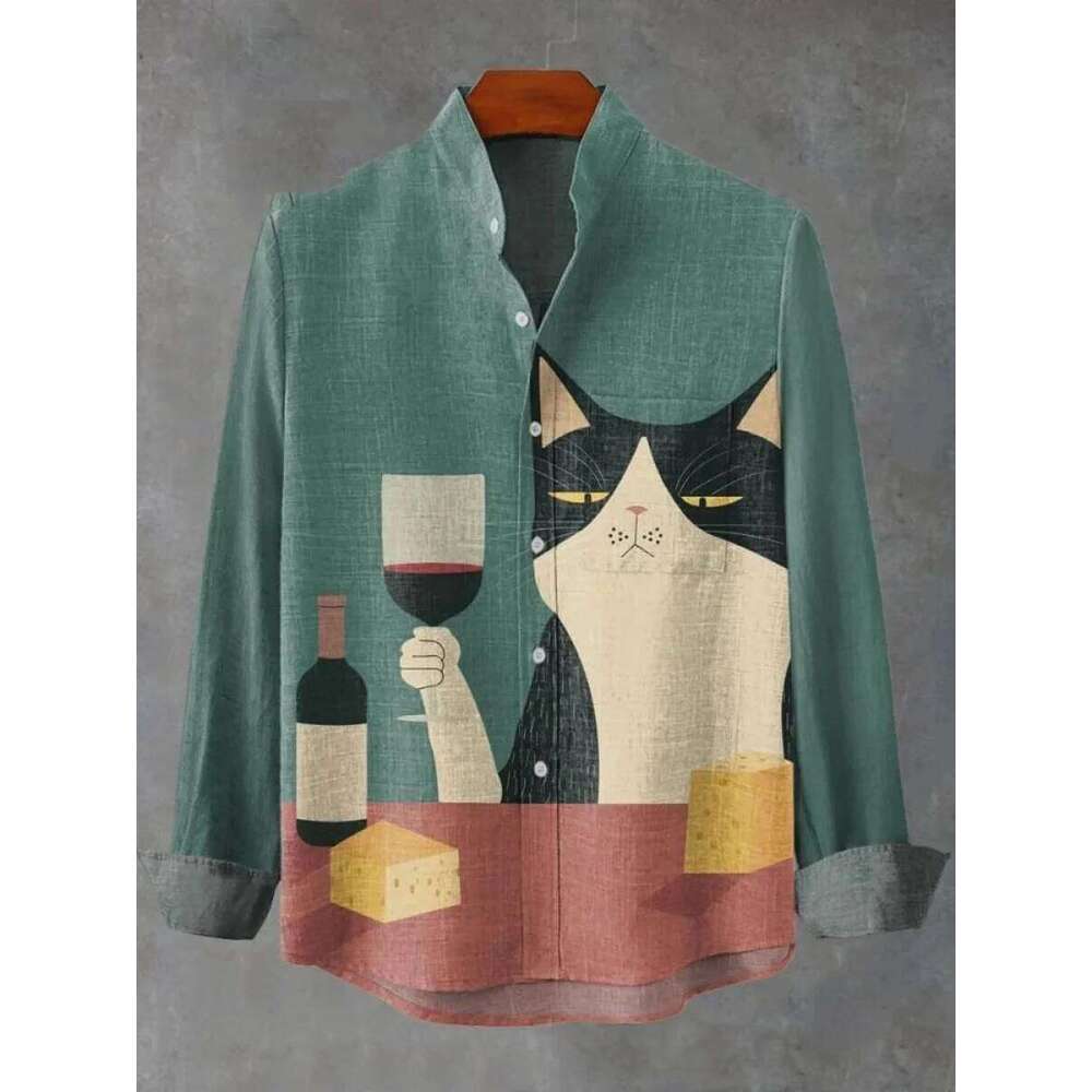 New Spring And Autumn Best-Selling Men's Long-Sleeved Comfortable Retro Kitten Pattern Art Print Shirt