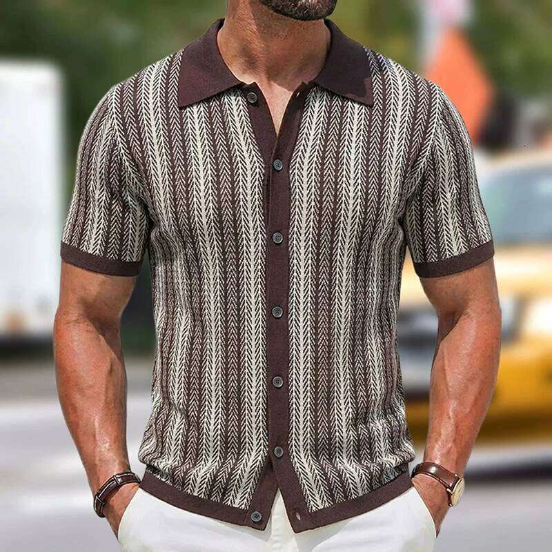 Summer Men Knitted Cardigan Short Sleeve Striped Shirts Fashion Jacquarded Blouse American Retro Premium Quality Knitwear M-3Xl