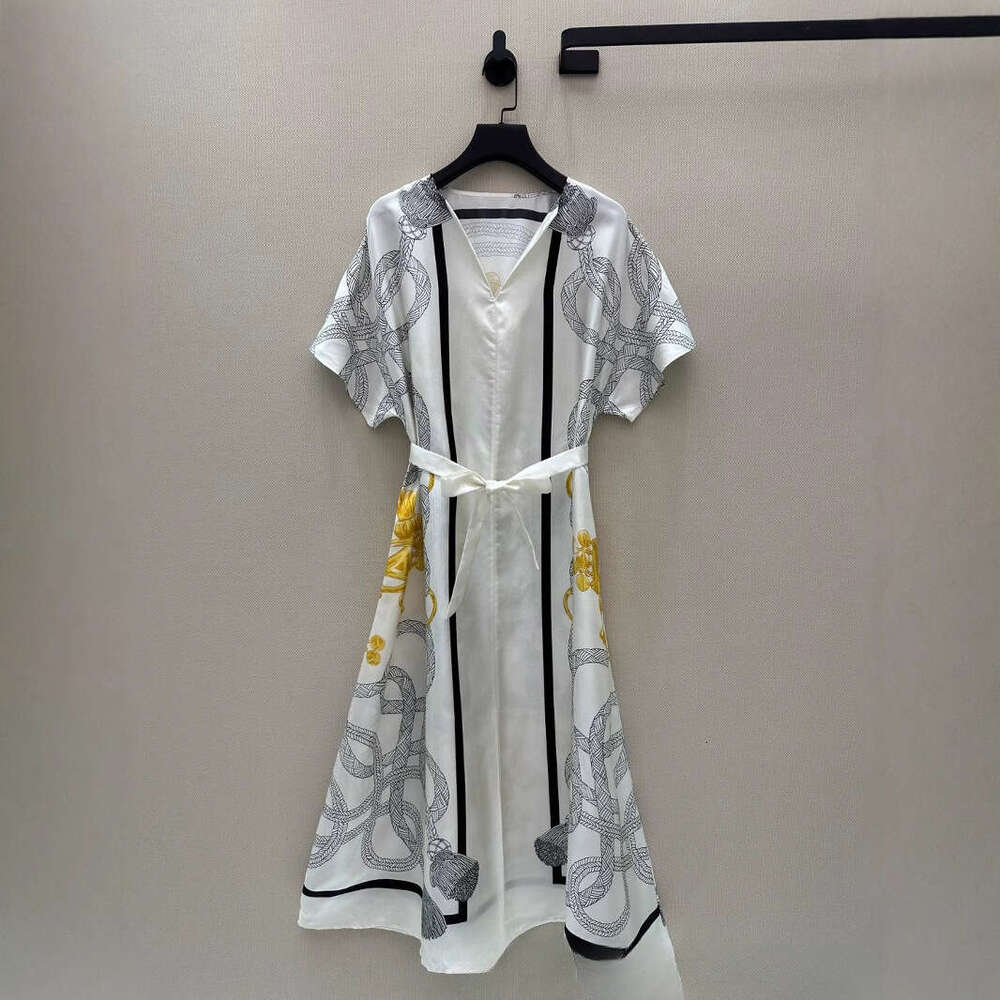 High-End Spring/Summer New Silk Twill Half-Slit V-Neck Tie Slim Split Dress Qipao Hanfu