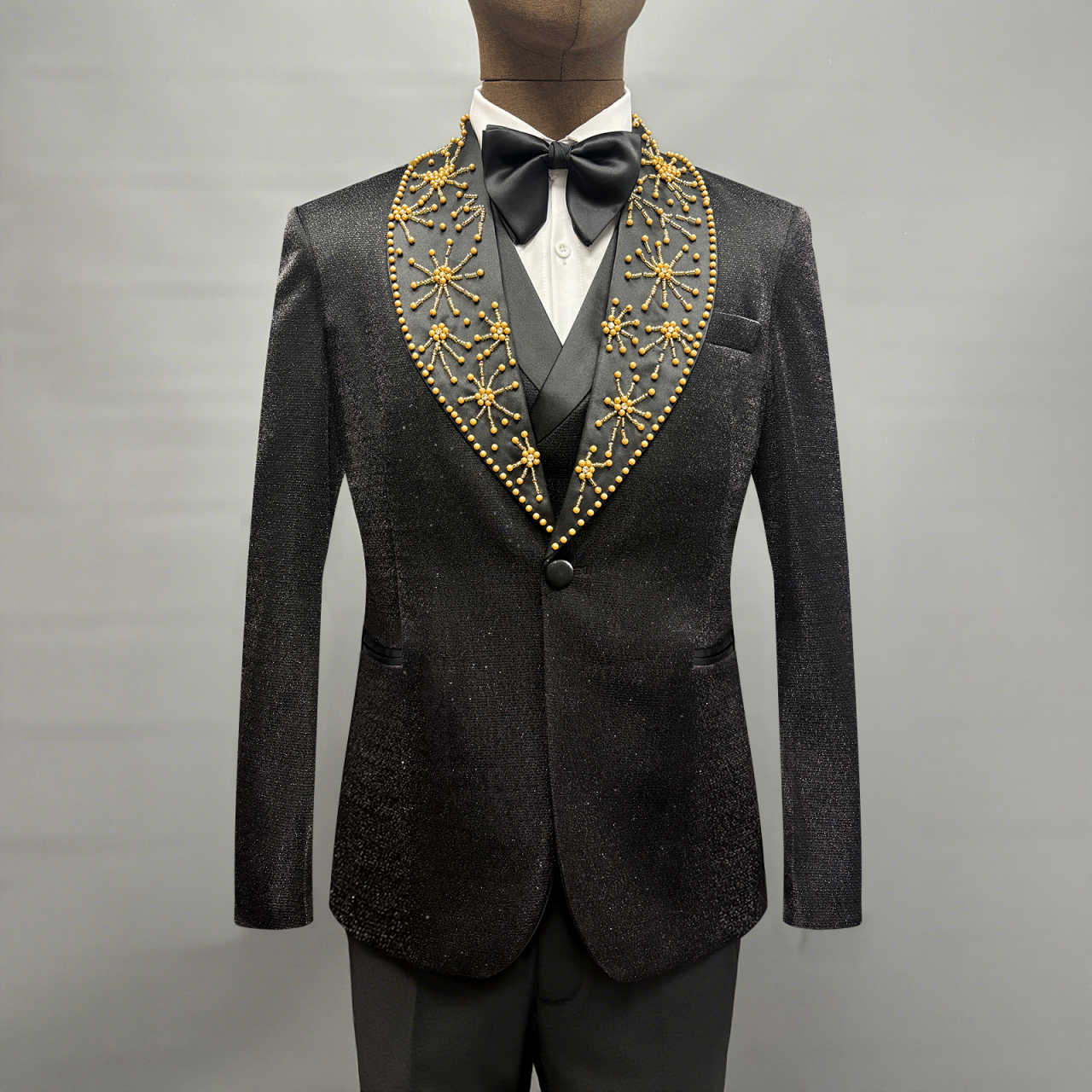 Gold Pearls Black Glitter Groom Wedding Tuxedo Tailored Made 3pcs Blazer Vest Pants Formal Male Prom Party Suit Business