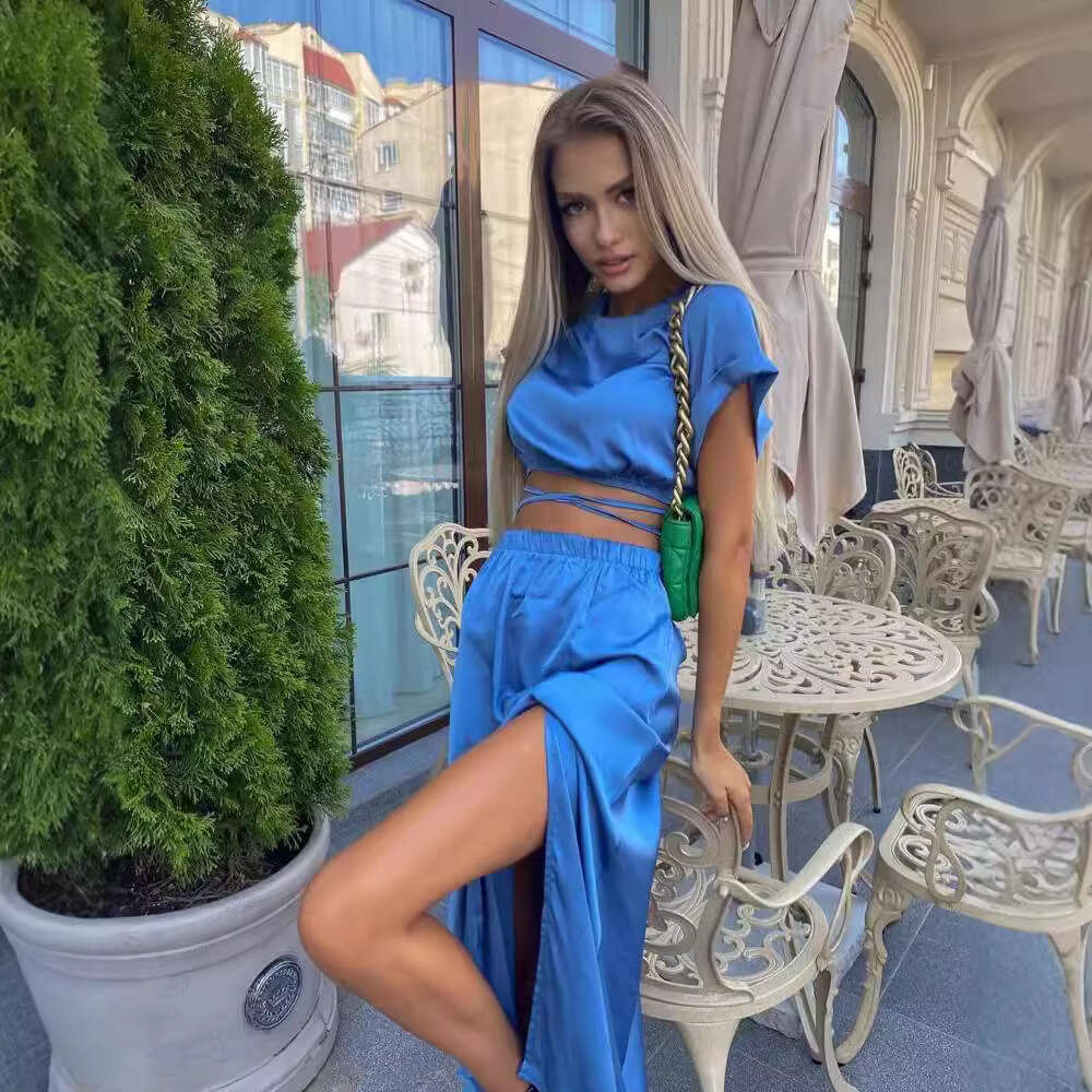 2026 European American cross-border new short-sleeved top and slit skirt set, solid color commuter two-piece outfit