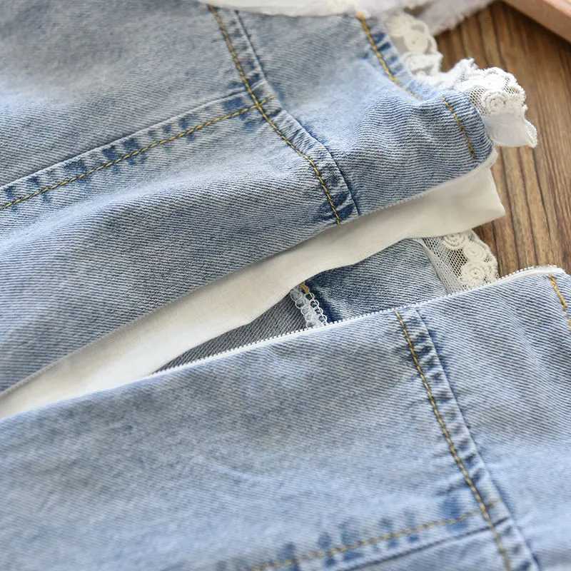 2022 Summer Girls Temperament Dress New Pearl Seersucker Sleeves Stitching Soft Denim A-Line Dresses ChildrenS Fashion ClothingT260330