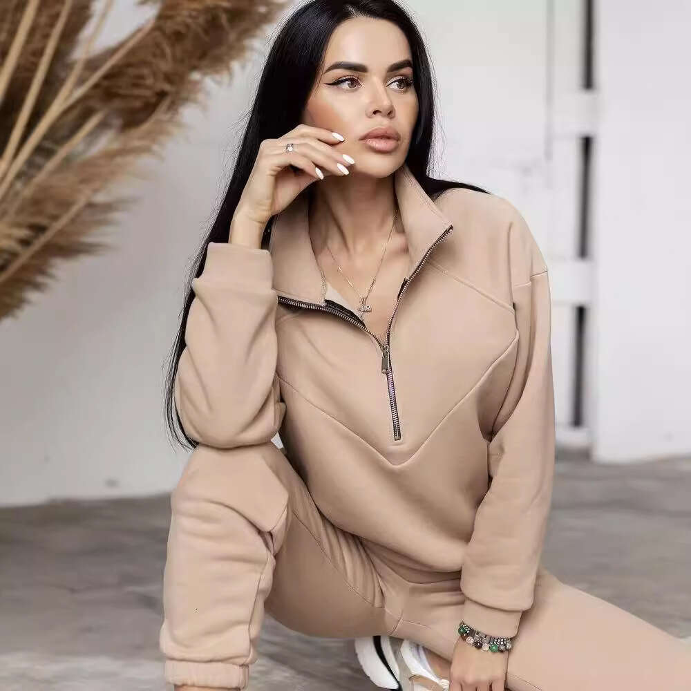 2026 Cross-Border Spring and Autumn Fashion Hooded Sweatshirt Two-Piece Set Long Sleeve Solid Color Fleece Jogger Casual Outfit