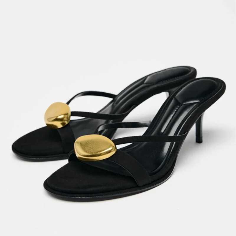 Summer 2025 Metal Decorative Black High-heeled Sandals Women Fashion Round Toe Open Toe Sexy Thin High Heel Slippers Ladies Shoe Z260330