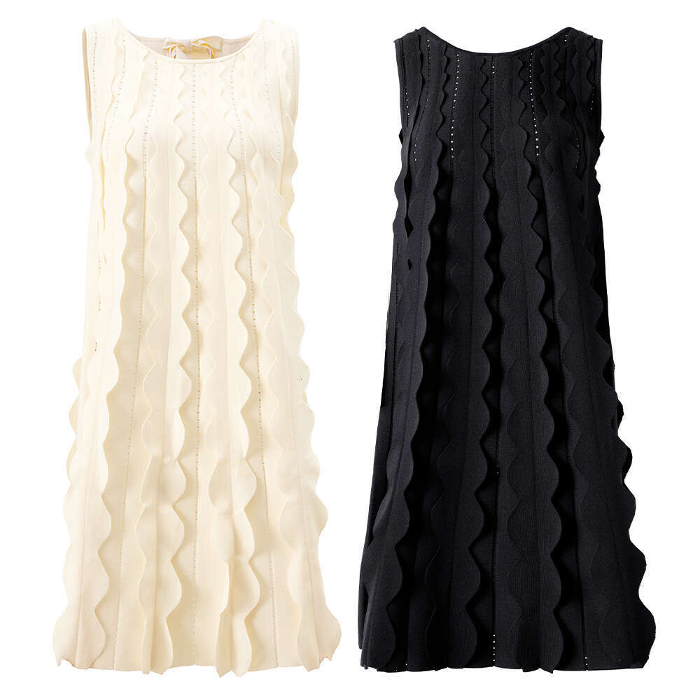 Designer sleeveless vest, long skirt, ultra-fine 3D circular decoration, tie collar, q26 knitted elegant dress