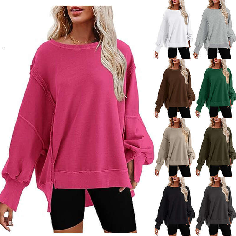 European American Clothing 2026 Fall/Winter New Women's Oversized Round Neck Sweatshirt with Side Slits and Long Sleeves