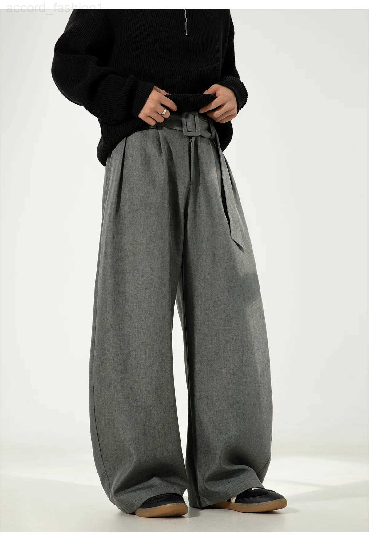 Mens Pleated Drape Curved-Leg Trousers Loose-Fit Straight-Leg Pants Retro-Style Belted Casual Pants H260330