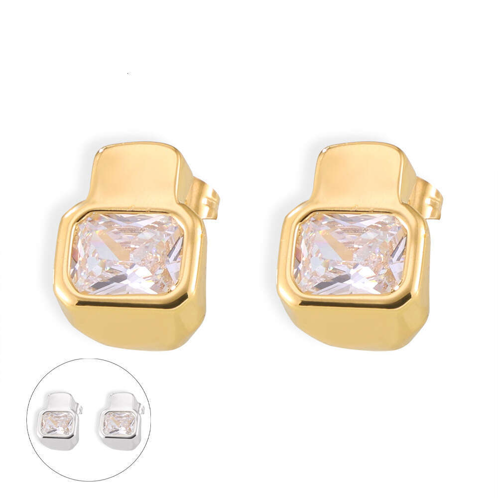 Hepburn-style Niche Design Diamond-studded Earrings, Simple Versatile, Fashionable And Light Luxury, Made Of Copper With Geometric 18k Gold Plating