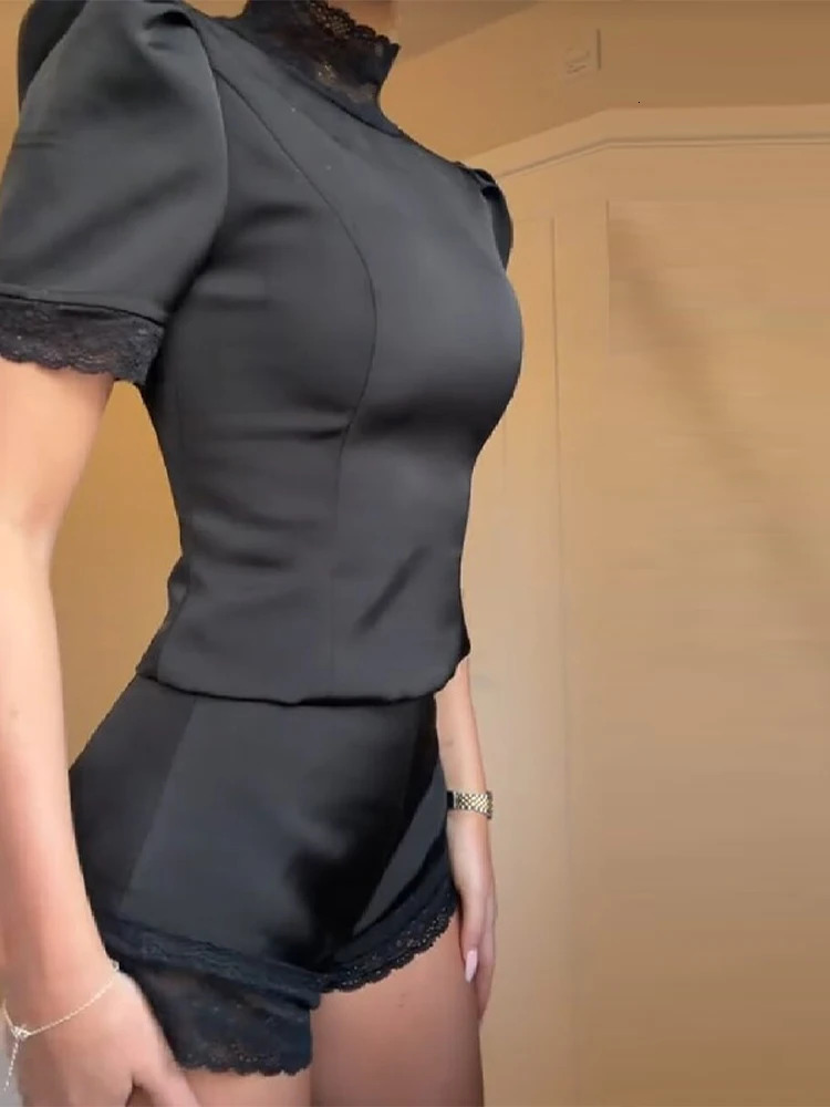 Satin Lace Edge Top Short Sets For Women High Neck Padded Shoulder Blouse Low Waist Shorts 2026 Lady Spring Summer Outfits 260326