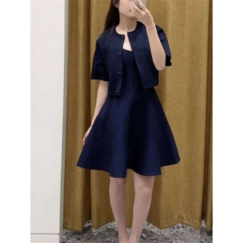 Women Solid Color Lace-Up Knit Cardigan + 2025 New Single Breasted O-Neck Short Sweater Or A-Line High Waist Sling Dress Mdng260330