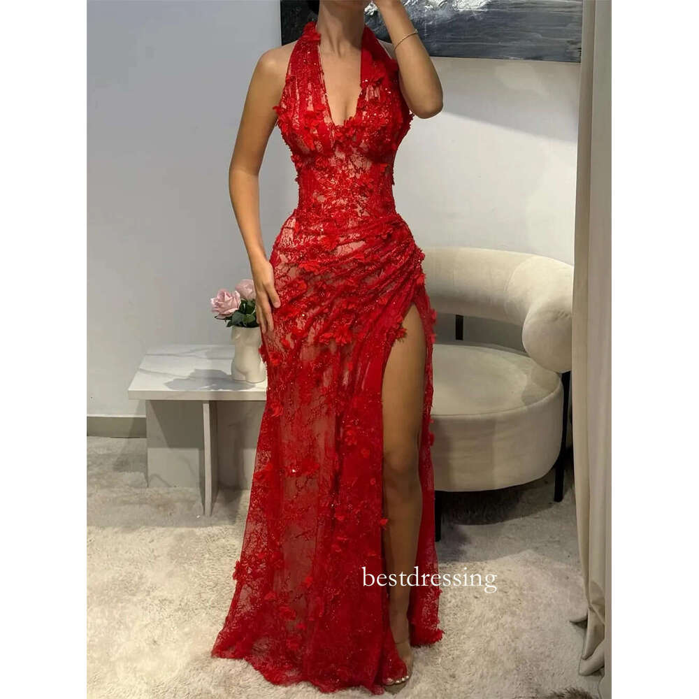 Sexy Red Lace Prom Party Dress 2026 Halter Pleats Side Split 3D Flower Long Mermaid Evening Birthday Formal Gowns Robe De Soiree Vestidos Feast D0330