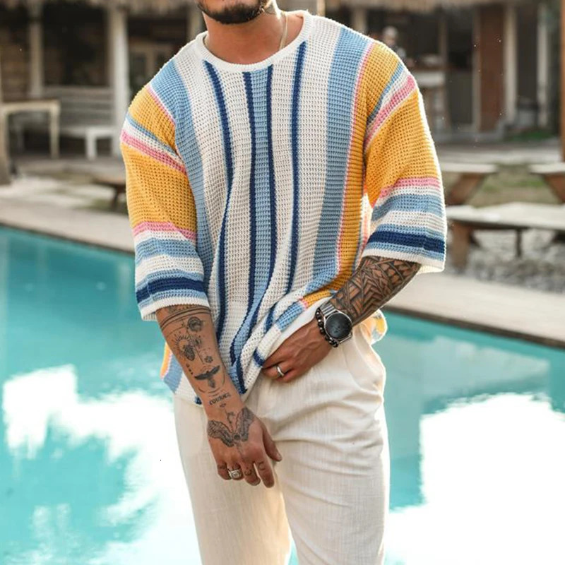 Beach Casual Breathable Hollow Out Knitted Tops Men Summer Jumpers Fashion Striped Crochet Knitting T-shirt Vintage Mens Clothes 260327