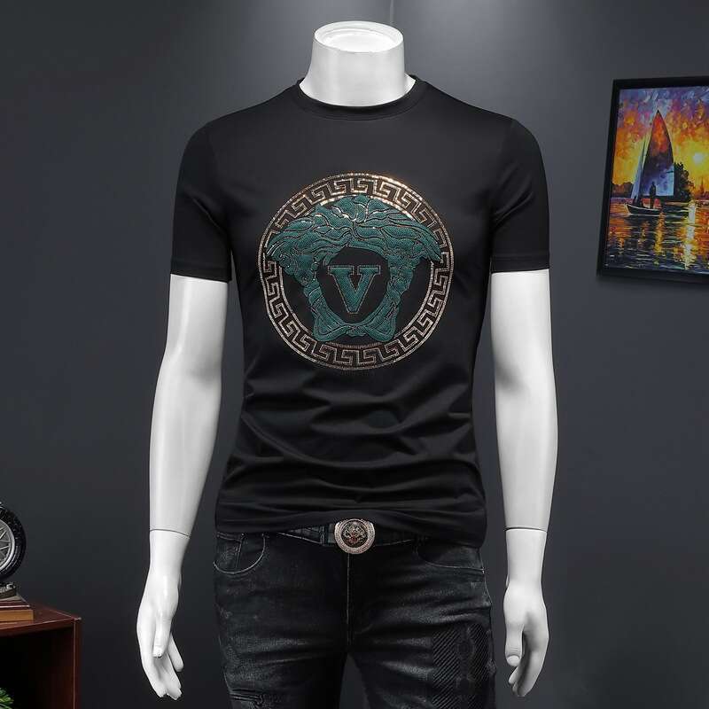 European Collection luxury Summer New Men's Double Mercerized Cotton Short T-Shirt Trendy Round Neck Half Sleeve Rhinestone Top for Men