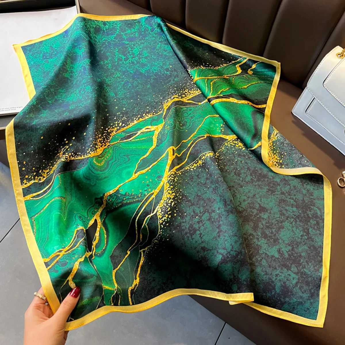 Dark Green River Print Neckerchief Vintage Imitation Silk Square Scarf Bandana Breathable Head Wrap Hair Accessories Z260330