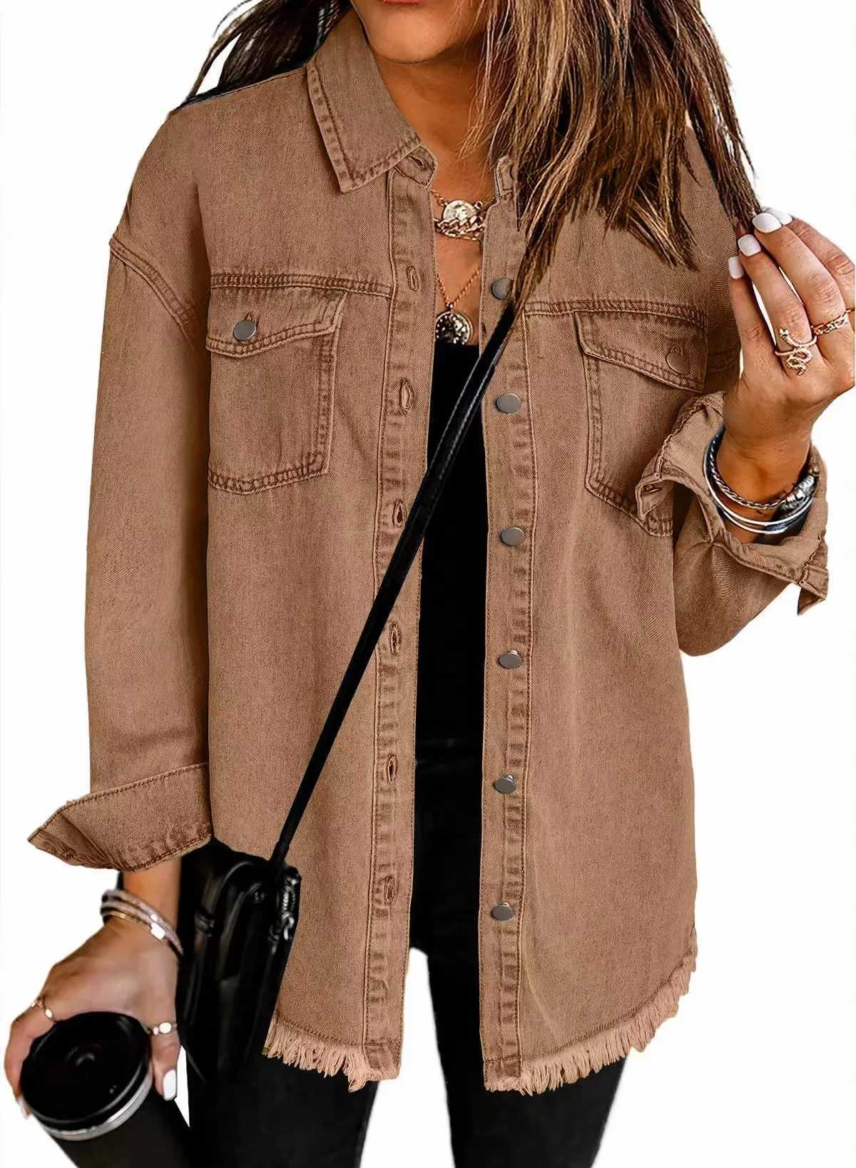 New Washed Denim Shirt Jacket for Women Fall/Winter Street Style with Distressed Hem Womens OuterwearT260328