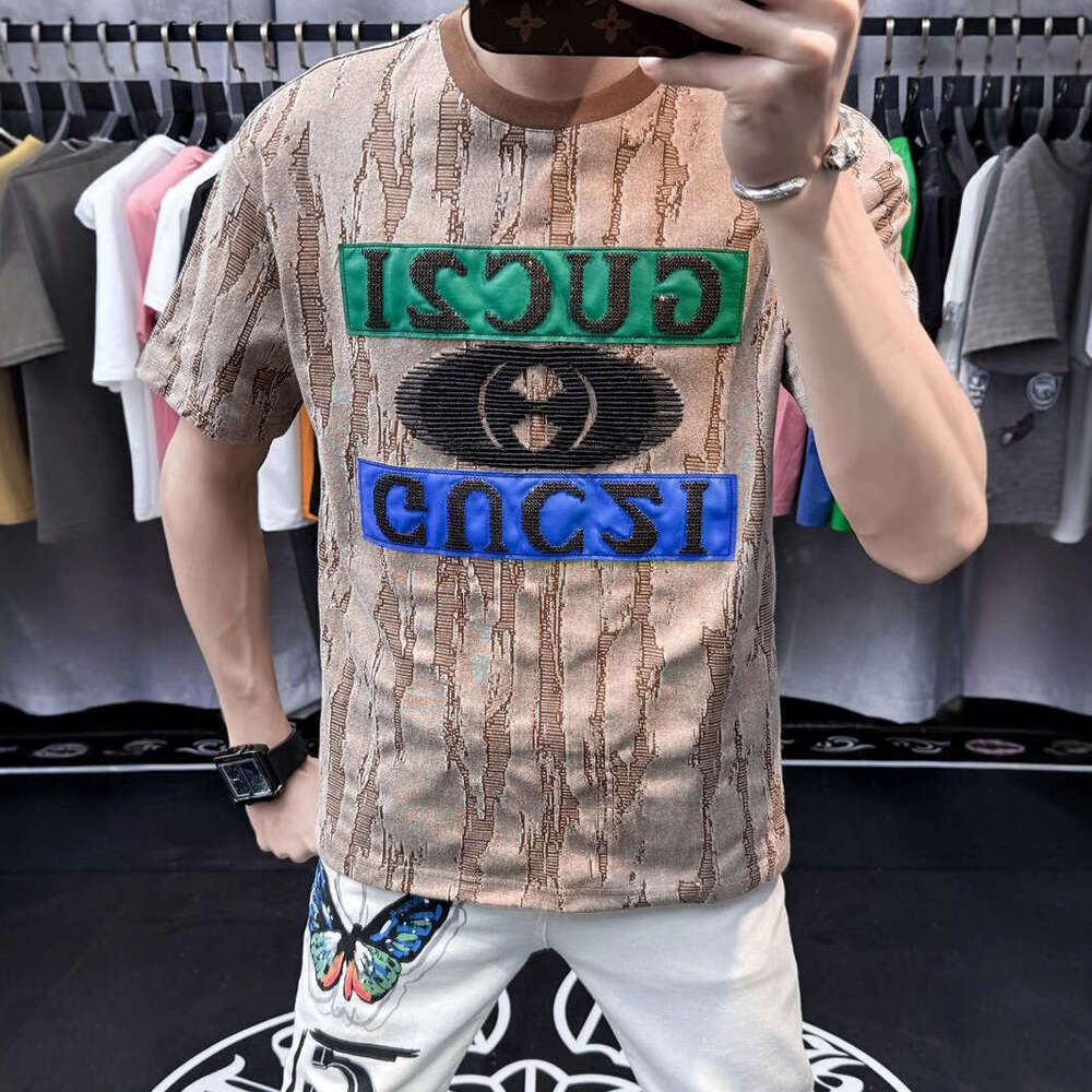 European men's high-end ripped patchwork embroidered round-neck short-sleeve T-shirt, luxury new summer American style half-sleeve
