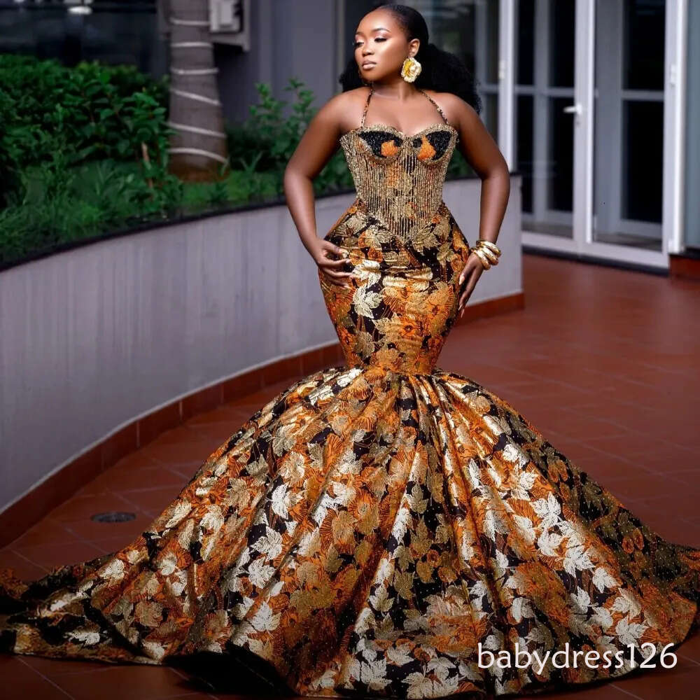 2026 Aso Ebi Nigerian Printed Mermaid Prom Dresses Halter Beaded Evening Formal Party Second Birthday Engagement Reception Gowns Dress For Special Occ