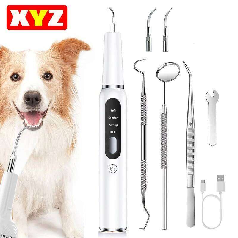 Cleaning Kit Pet Ultrasonic Canine Plaque Remover for Teeth with LED Light 3 Modes USB Charge Dog Sonic Tooth Cleaner