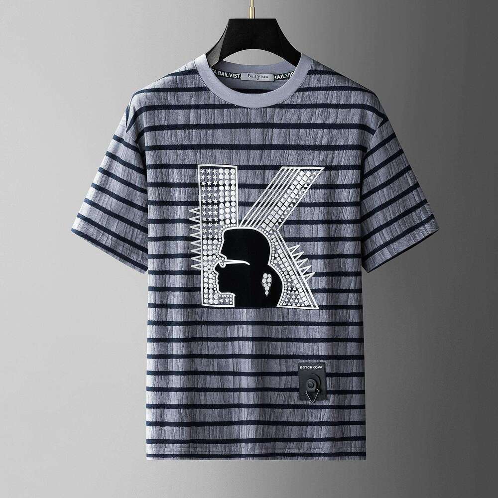luxury Summer European Collection High-End Striped Printed Short-Sleeve Fashion Brand Loose-Fit New Men's T-Shirt