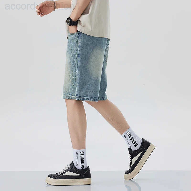 Summer New Mens Oversized Wide Shorts Lightning Cracked Y2k Baggy Jeans Washed Streetwear Fashion Loose Calf-length Denim Pants H260330