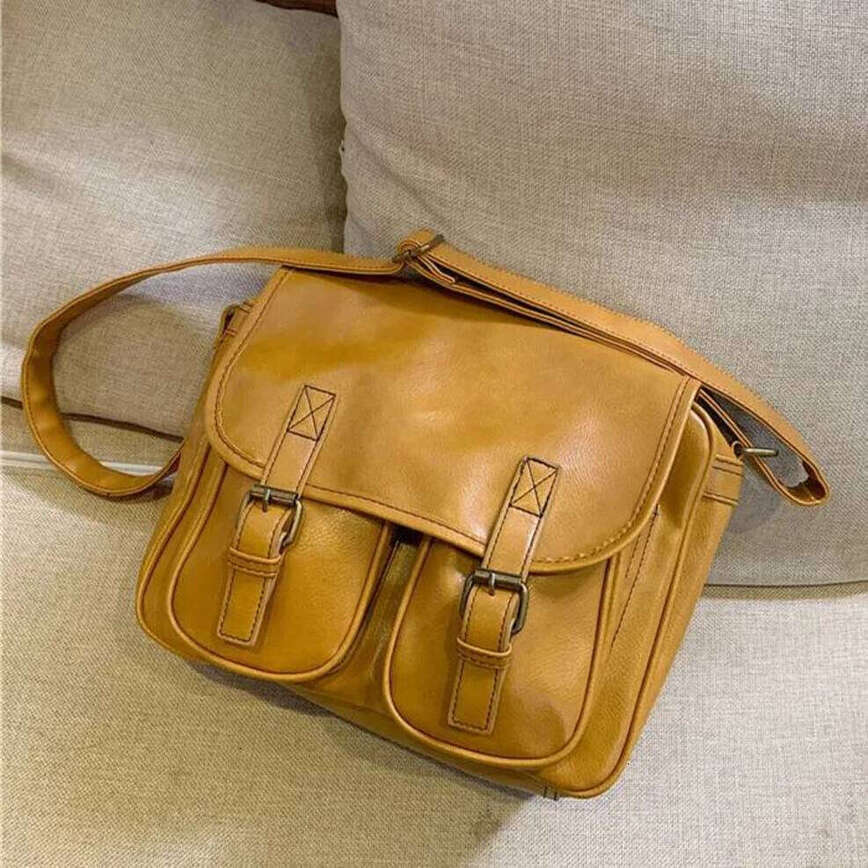 OLOEY Vintage Women Messenger Large Capacity Oil Wax Leather Female Shoulder Ladies Crossbody Bag Casual Big Handbag Yellow Practical Package Premium 