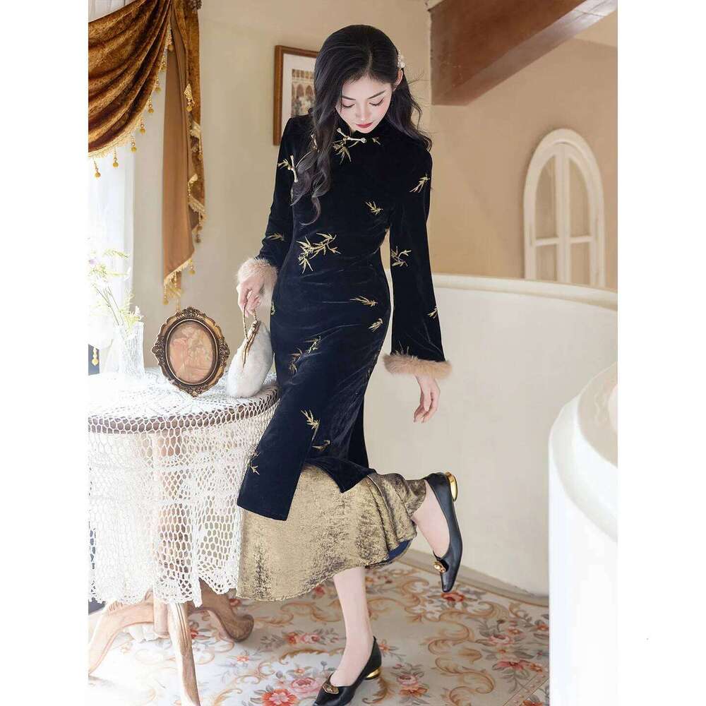 Yourqipao Autumn And Winter New Style Long-Sleeved Cheongsam Chinese Hanfu Fishtail Skirt Qipao Dress For Women MAKOUFEI