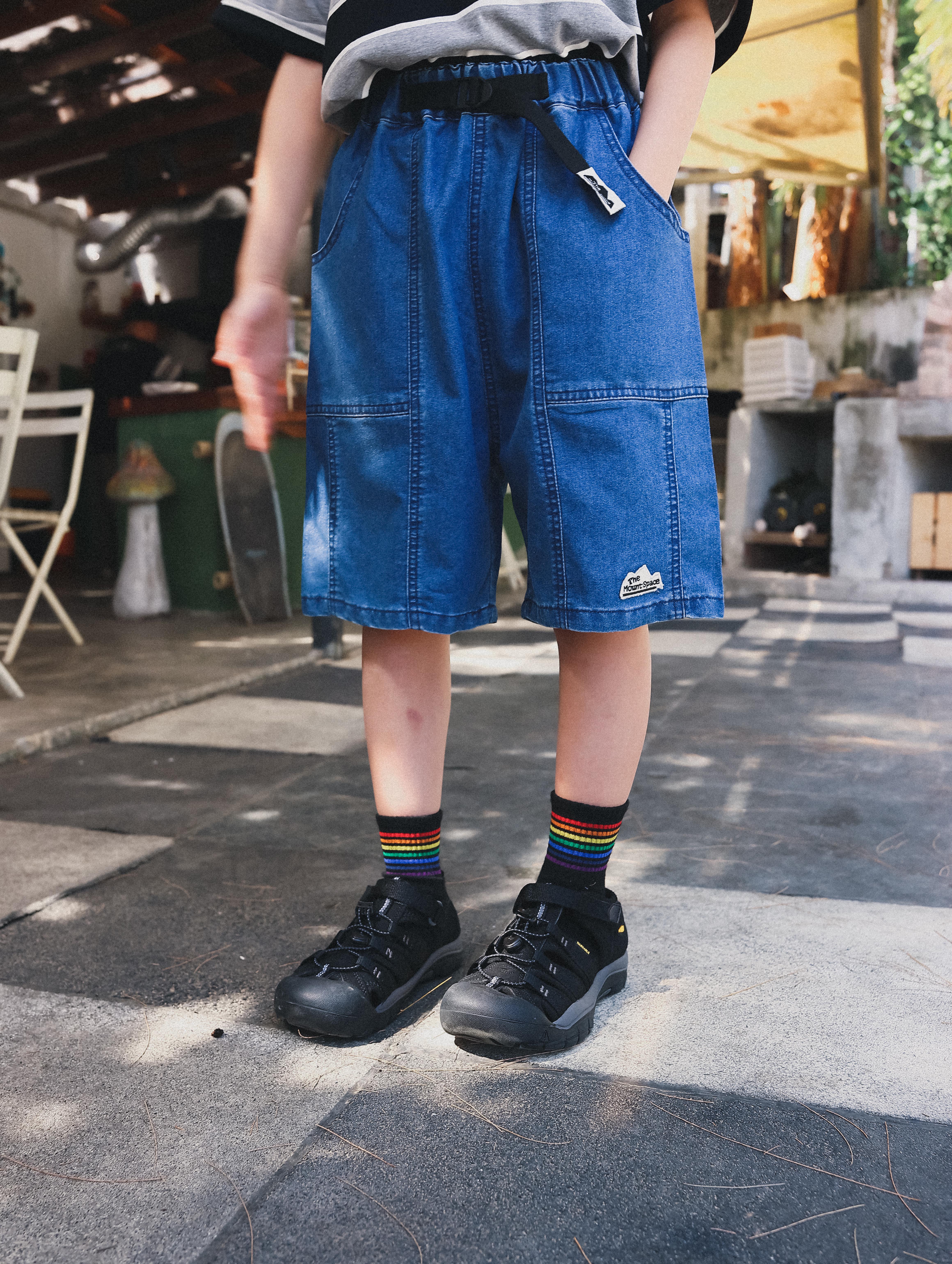 Shorts Kids Mountain Style Vintage Belted Denim Shorts Casual Outdoor Utility Shorts 26DX4176