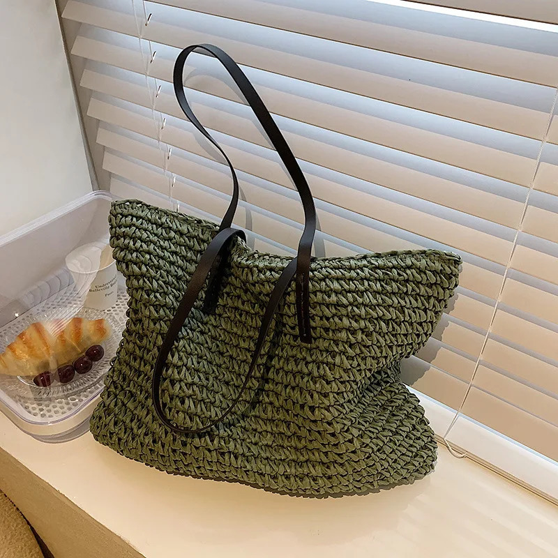 Women Handbag Summer Beach Bag Rattan Woven Handmade Knitted Straw Large Capacity Leather Women Shoulder Bag Bohemia 260316