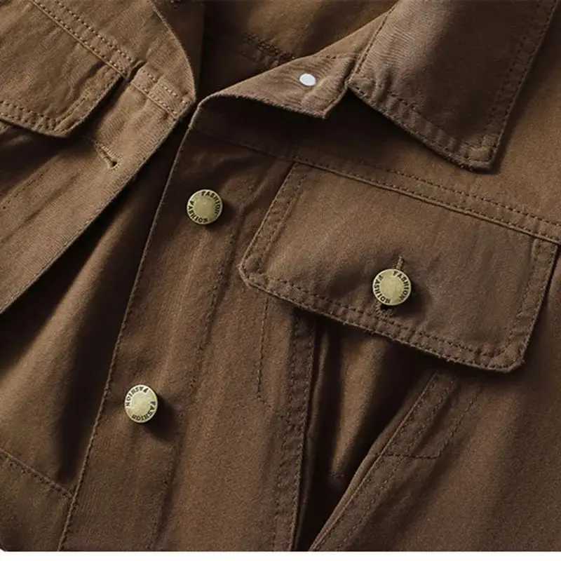 Retro Brown Short Denim Jacket Turndown Collar Long Sleeves Loose Fashion Versatile Jacket 2025 Spring Autumn New Womens TopT260328