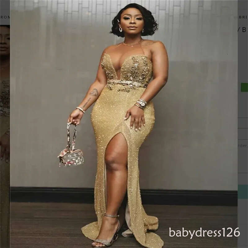 Sparkly Gold Prom With Slit O Neck Crystal Mermaid Sequin Evening Dress Black Women Birthday Party Gown Formal Dance Occasion Night Vestio De Fiesta Z