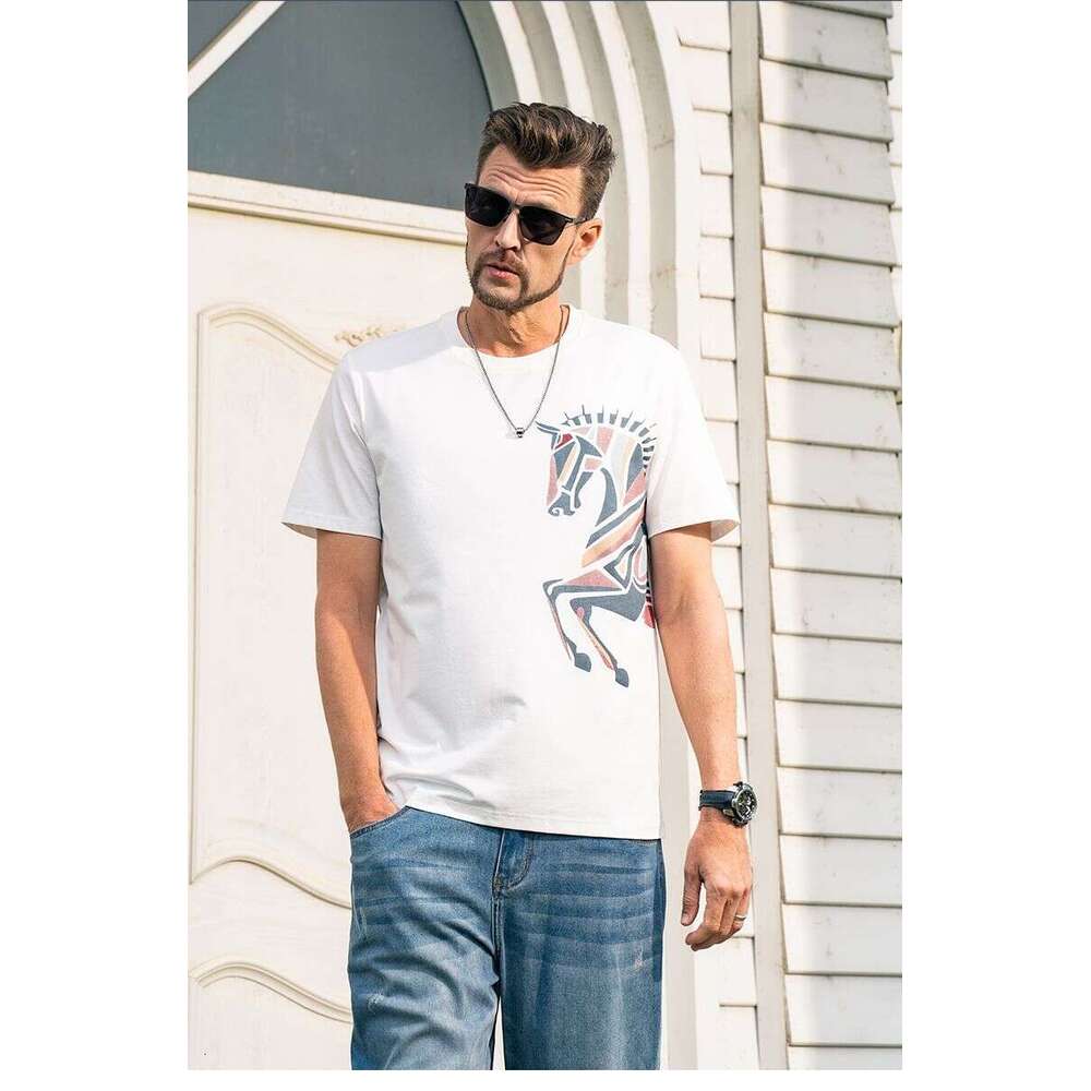 Ma Yue Qiancheng Yingjuelun Horse Year Print Cool Short-Sleeve T-Shirt Men, Breathable Ice Silk Cotton Top For Spring And Summer