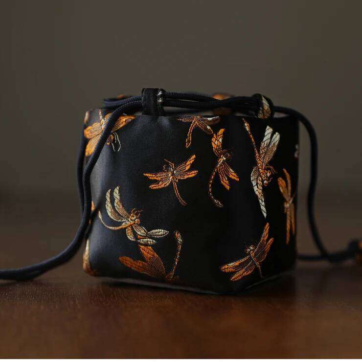 Chinese Embroidery Portable Travel Drawstring Teacup Pouch Japanese Style Cotton Cloth Tea Pot Cup Organizer Velvet Fabric Storage Bag