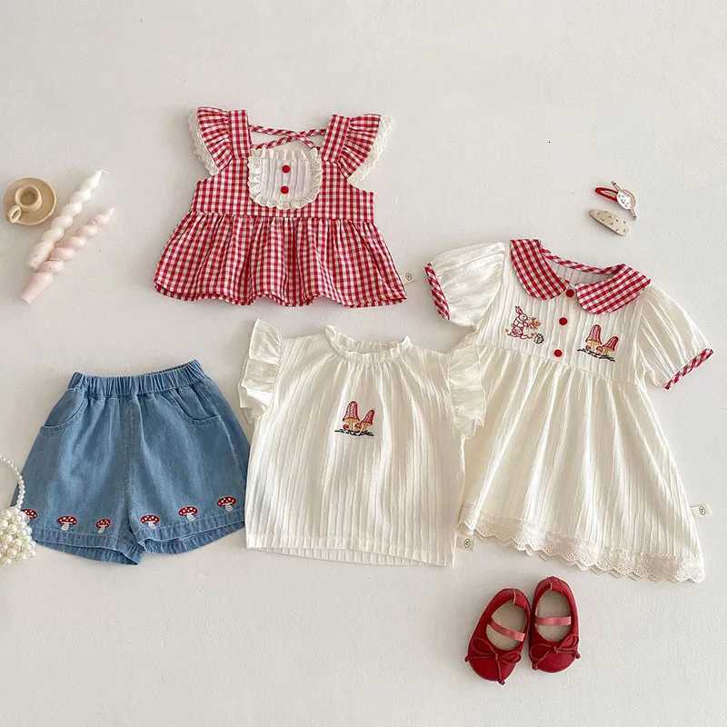 Children Sweet Thin Style Bunny Mushroom Dress 0-5T Girls Cute Lace Check Pattern Tops Kids ShirtT260330