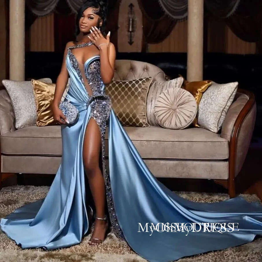 Aso Ebi 2026 Sky Blue Mermaid Prom Dresses One Shoulder Beaded Satin Sequined Evening Formal Party Second Reception Birthday Gowns Dress For Special O