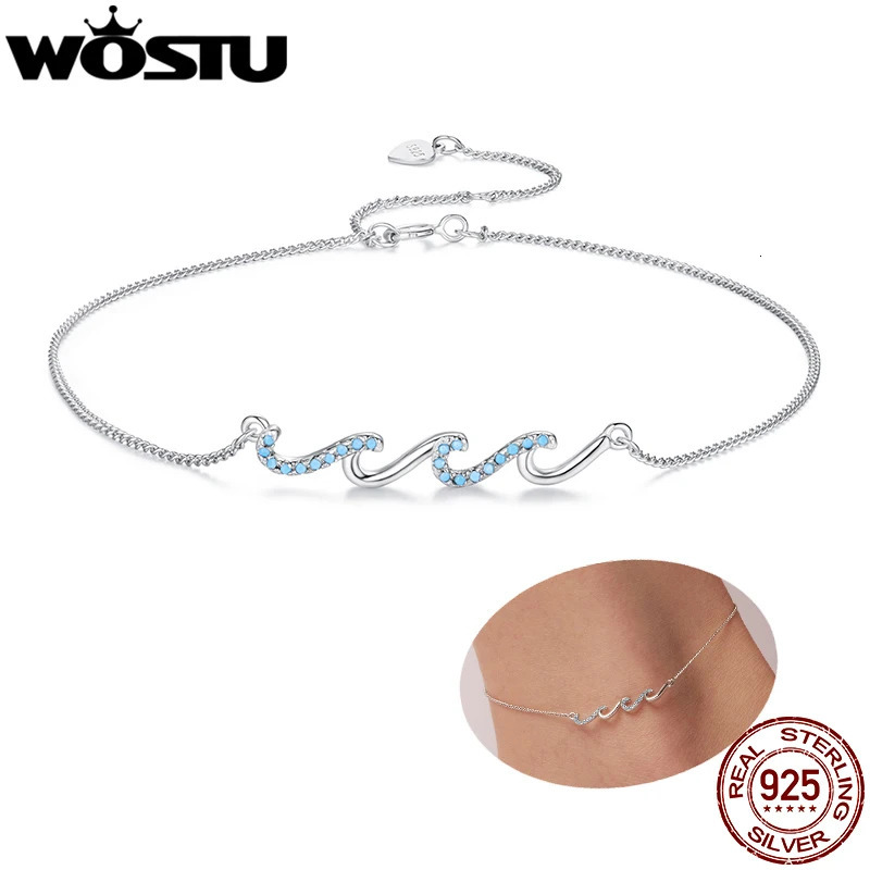 WOSTU 925 Sterling Silver Ocean Blue Wave Charm Anklet For Wave Ziron Foot Chain Links Girl Daugther Beach Jewelry Holiday Gift 260324