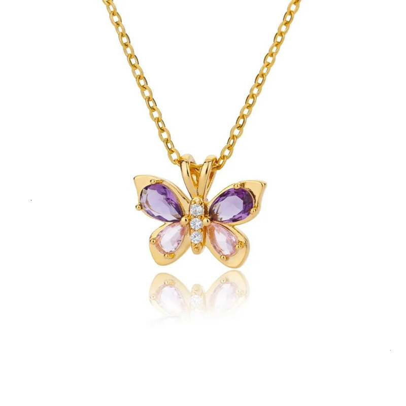 Cute Butterfly Necklace For Women Stainless Steel Crystal Purple Zircon Aesthetic Charms Collar Choker Jewelry Party