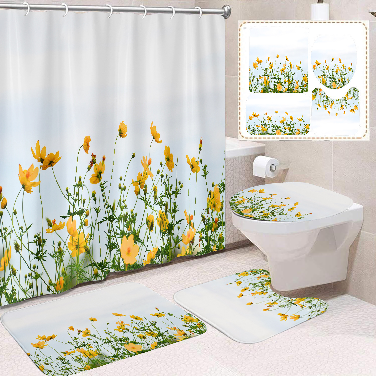 YL-38408 Floral Shower Curtain and Mat Set (4 Pieces) - Bathroom Dry and Wet Separation, Toilet Isolation Curtain, Modern Minimalist Style